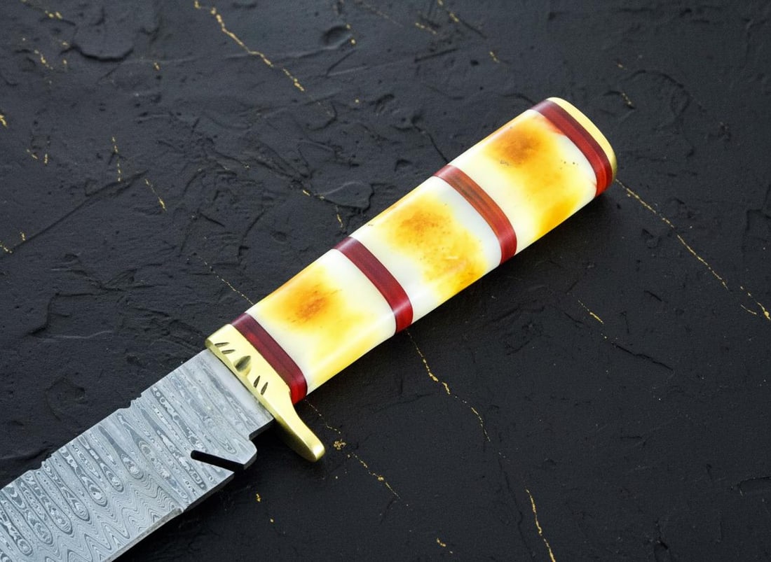 Burnt Camel Bone Handle Bowie Knife with 15" Ladder Damascus Steel Hunting Blade - 6