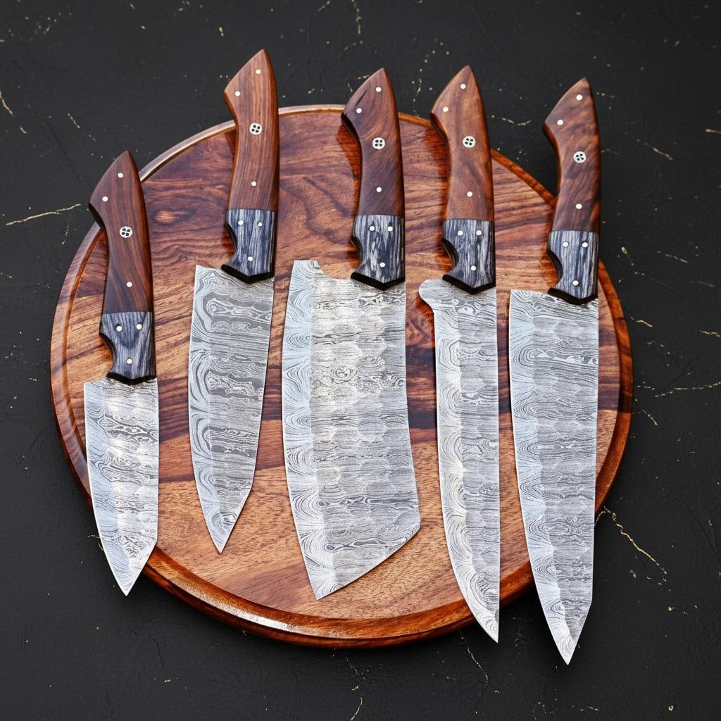 Hand Forged 5pc Damascus Steel Kitchen Knife Set with Twist Pattern and Sheath - 2