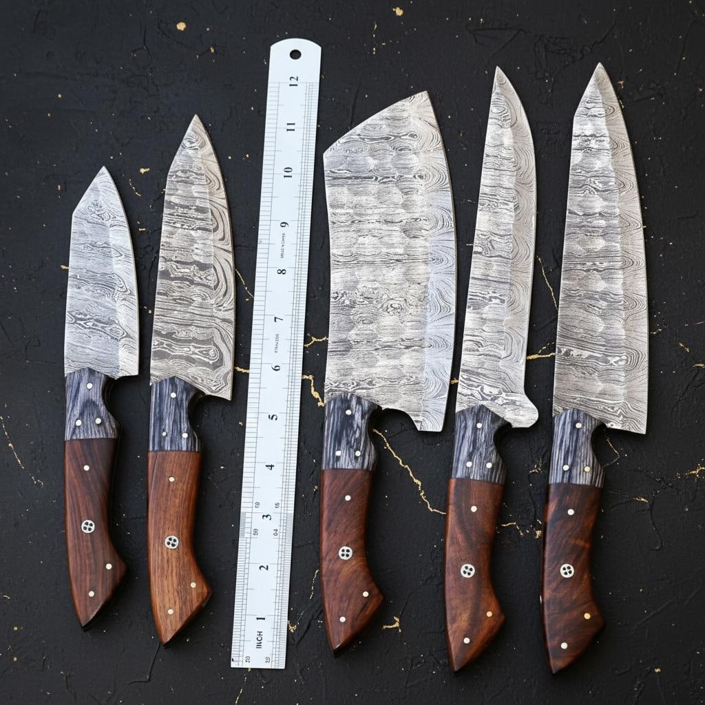 Hand Forged 5pc Damascus Steel Kitchen Knife Set with Twist Pattern and Sheath - 4