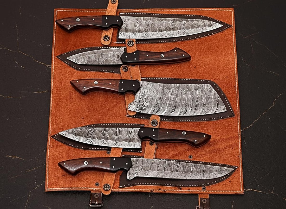 Hand Forged 5pc Damascus Steel Kitchen Knife Set with Twist Pattern and Sheath - 5