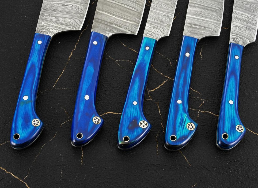 Hand Forged Damascus Steel 5-Piece Chef Knife Set with Pakkawood Handles & Leather Sheath - 2