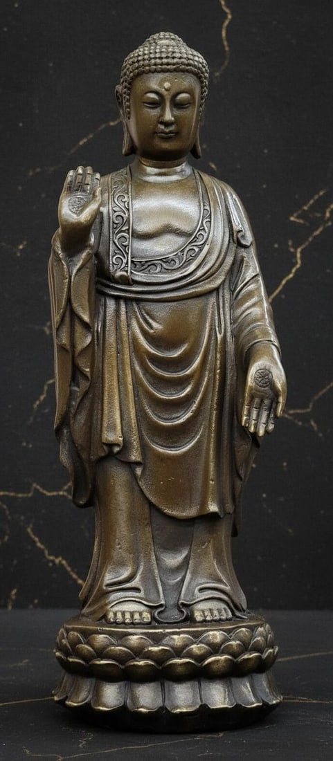 10" Standing Tibetan Buddha on Lotus Flower Bronze Statue Chinese Art Sculpture - 3