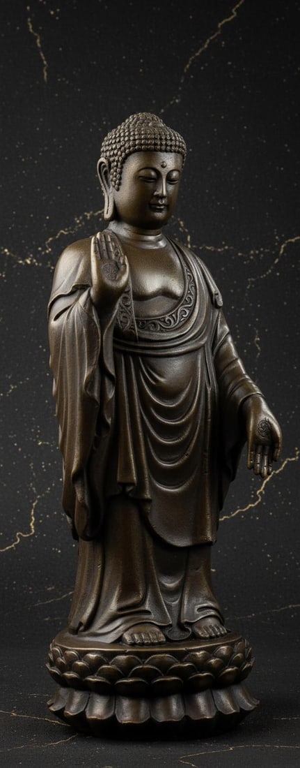 10" Standing Tibetan Buddha on Lotus Flower Bronze Statue Chinese Art Sculpture - 4