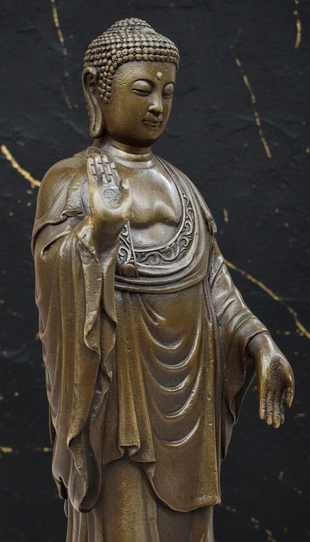 10" Standing Tibetan Buddha on Lotus Flower Bronze Statue Chinese Art Sculpture - 8