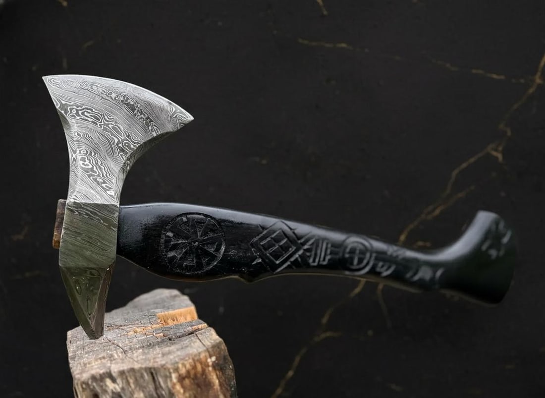 Custom Forged Damascus Steel Viking Tomahawk with Hand Carved Wood Handle & Sheath - 5