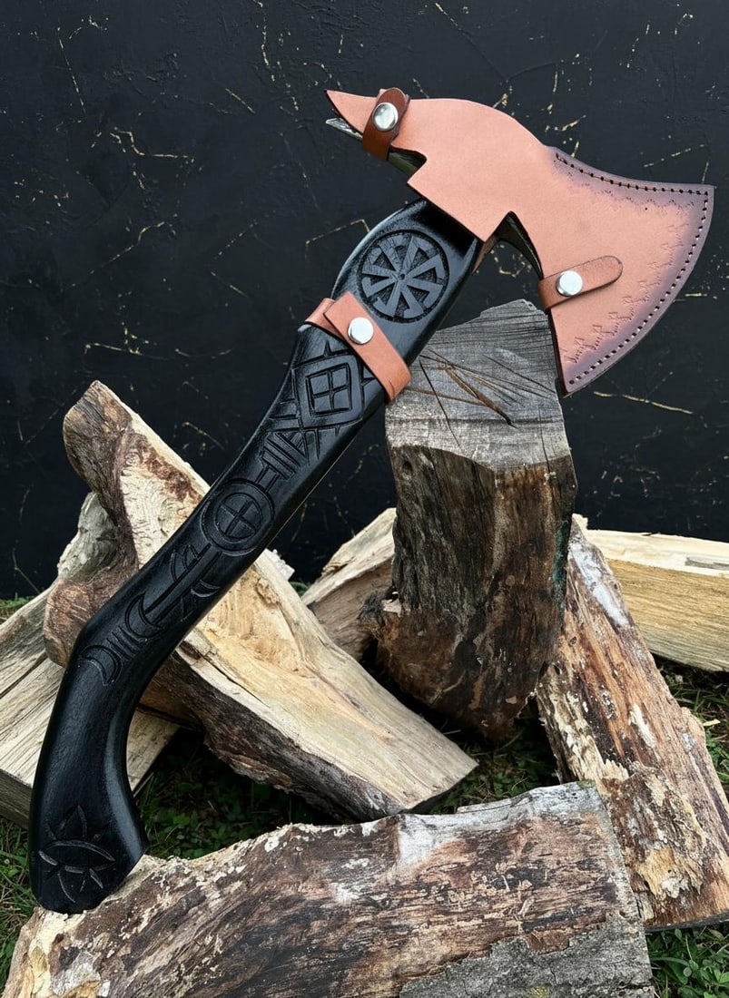 Custom Forged Damascus Steel Viking Tomahawk with Hand Carved Wood Handle & Sheath - 6