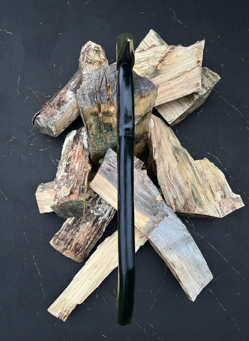 Custom Forged Damascus Steel Viking Tomahawk with Hand Carved Wood Handle & Sheath - 7