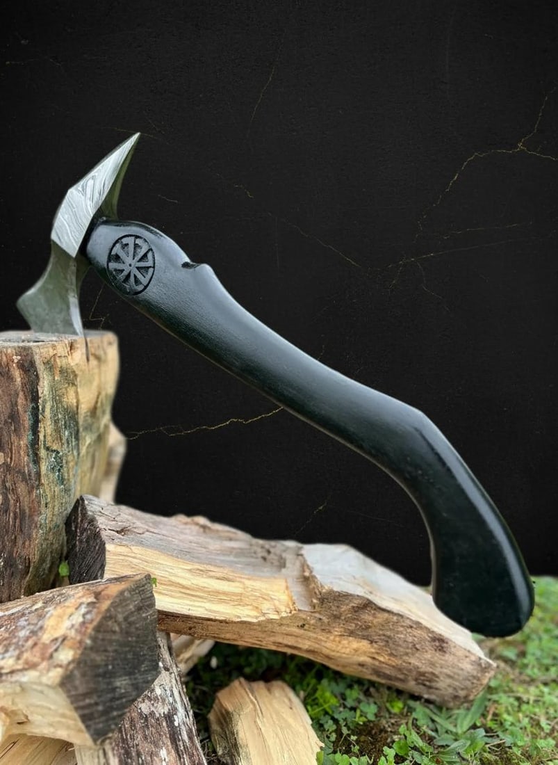 Custom Forged Damascus Steel Viking Tomahawk with Hand Carved Wood Handle & Sheath - 9