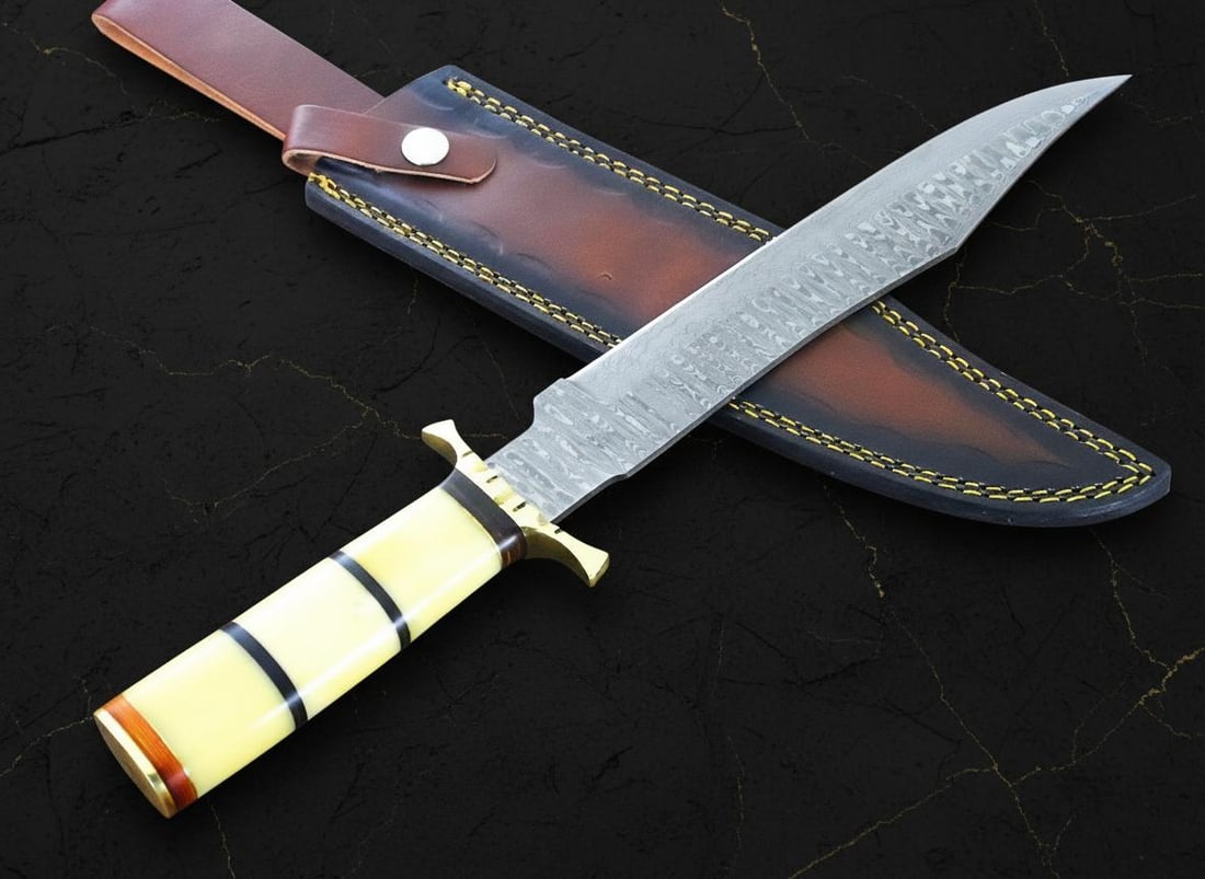 15" Forged Ladder Damascus Steel Bowie Knife with Camel Bone Handle & Leather Sheath - 2