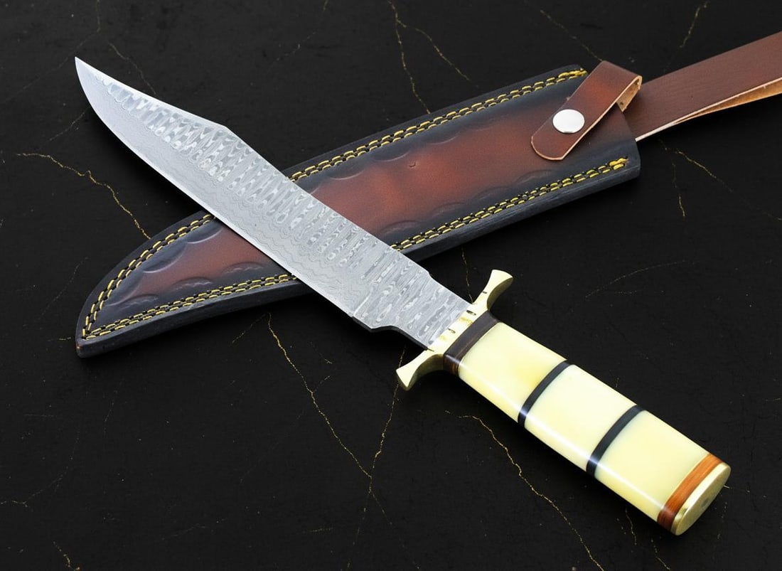15" Forged Ladder Damascus Steel Bowie Knife with Camel Bone Handle & Leather Sheath - 3