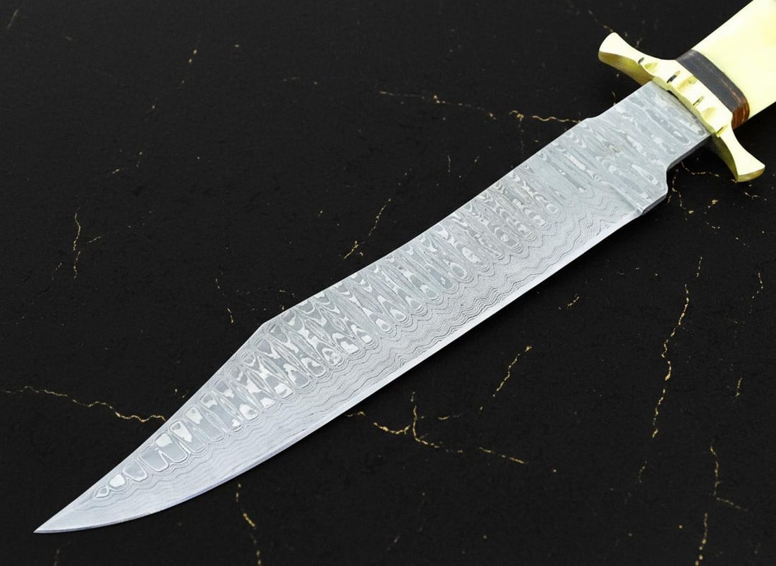 15" Forged Ladder Damascus Steel Bowie Knife with Camel Bone Handle & Leather Sheath - 6