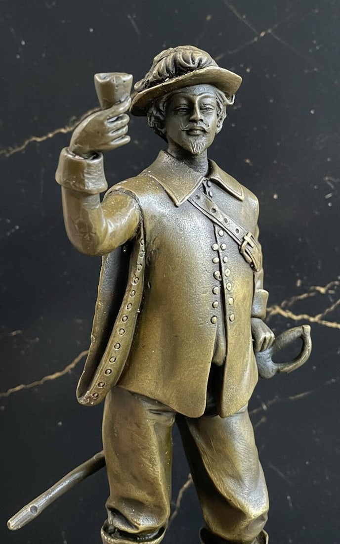 French Cavalry Soldier Toasting Cup Bronze Sculpture Signed Guillot on Marble Base - 5