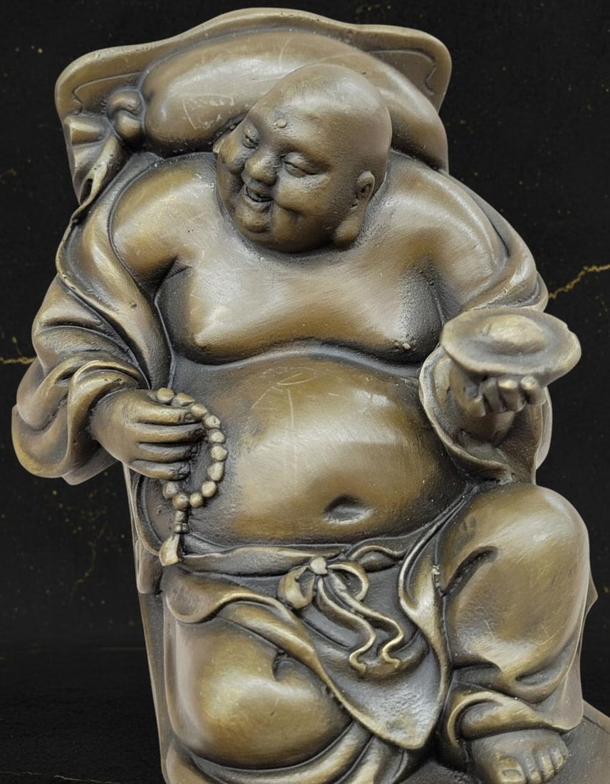 Signed Milo Bronze Sculpture of a Joyous Laughing Buddha, Vintage Sitting Statue - 6