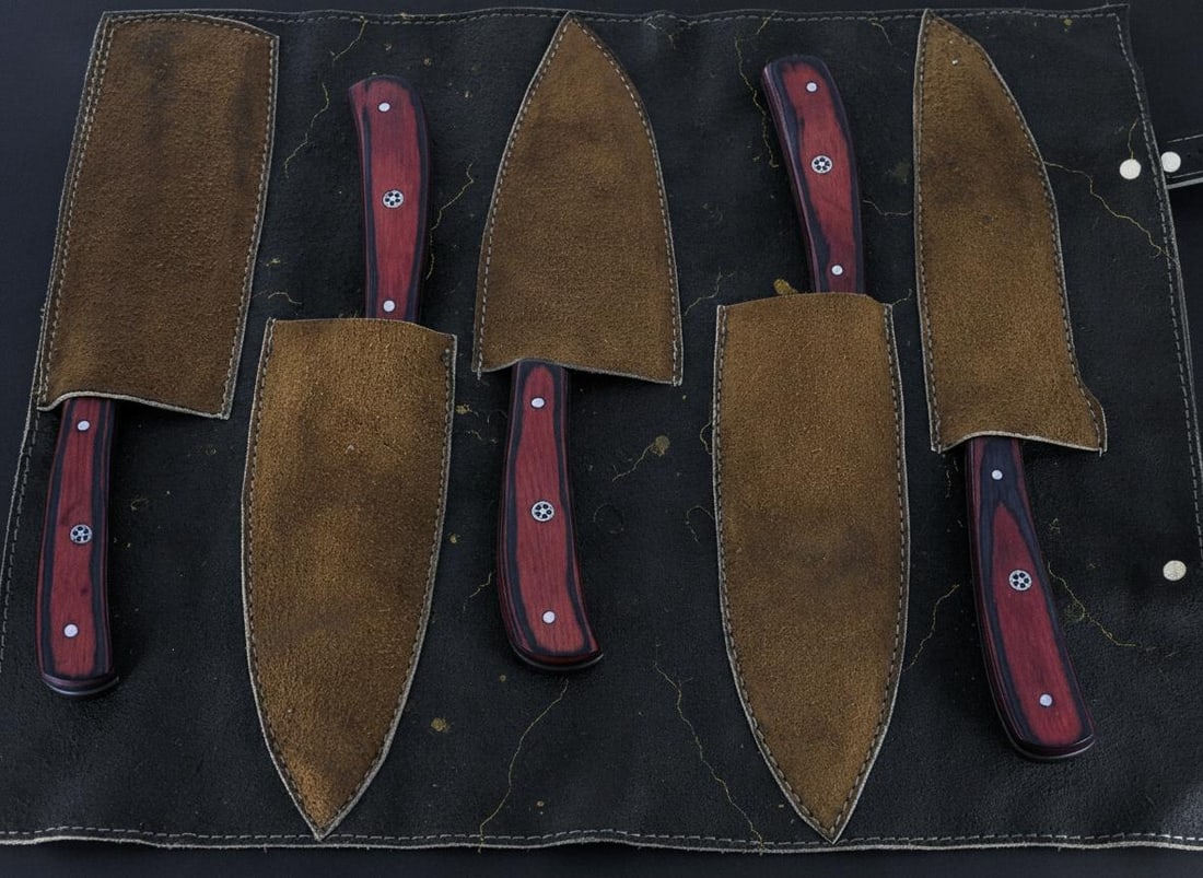 Artisan Forged 5pc Damascus Steel Chef Knife Set with Hardwood Handles for Kitchen & BBQ - 6