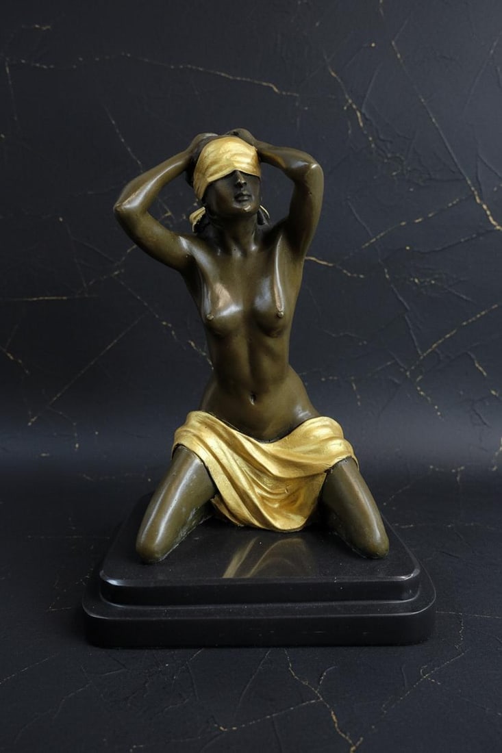 Art Deco Woman Bronze Statue Signed Preiss, Gilt Sculpture on Marble Base: Title:Art Deco Woman Bronze Statue Signed Preiss, Gilt Sculpture on Marble BaseDescription:This captivating bronze sculpture captures the beauty of the human form in a style reminiscent of the Art