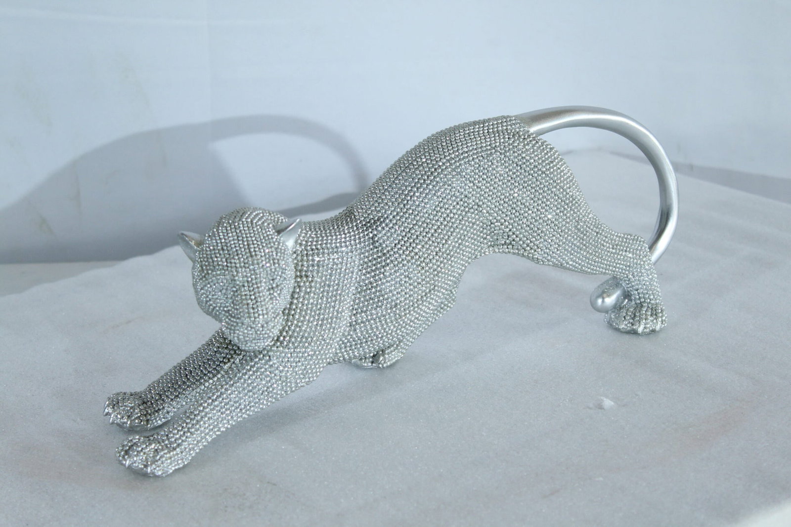 Silver Stretching Panther Resin Statue with Beaded Texture - Modern Animal Decor - 15" x 4" x 6"H - 12