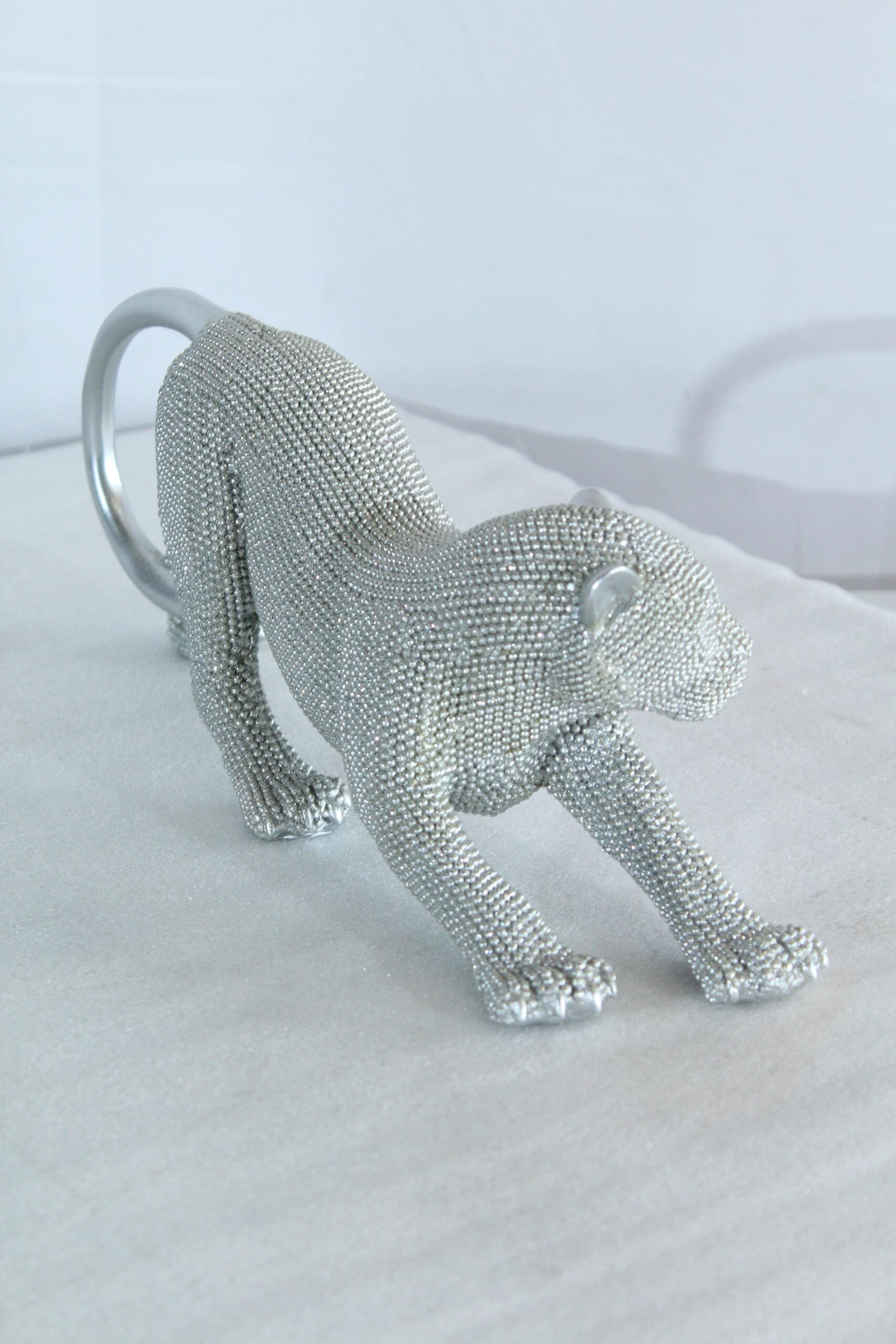 Silver Stretching Panther Resin Statue with Beaded Texture - Modern Animal Decor - 15" x 4" x 6"H - 3