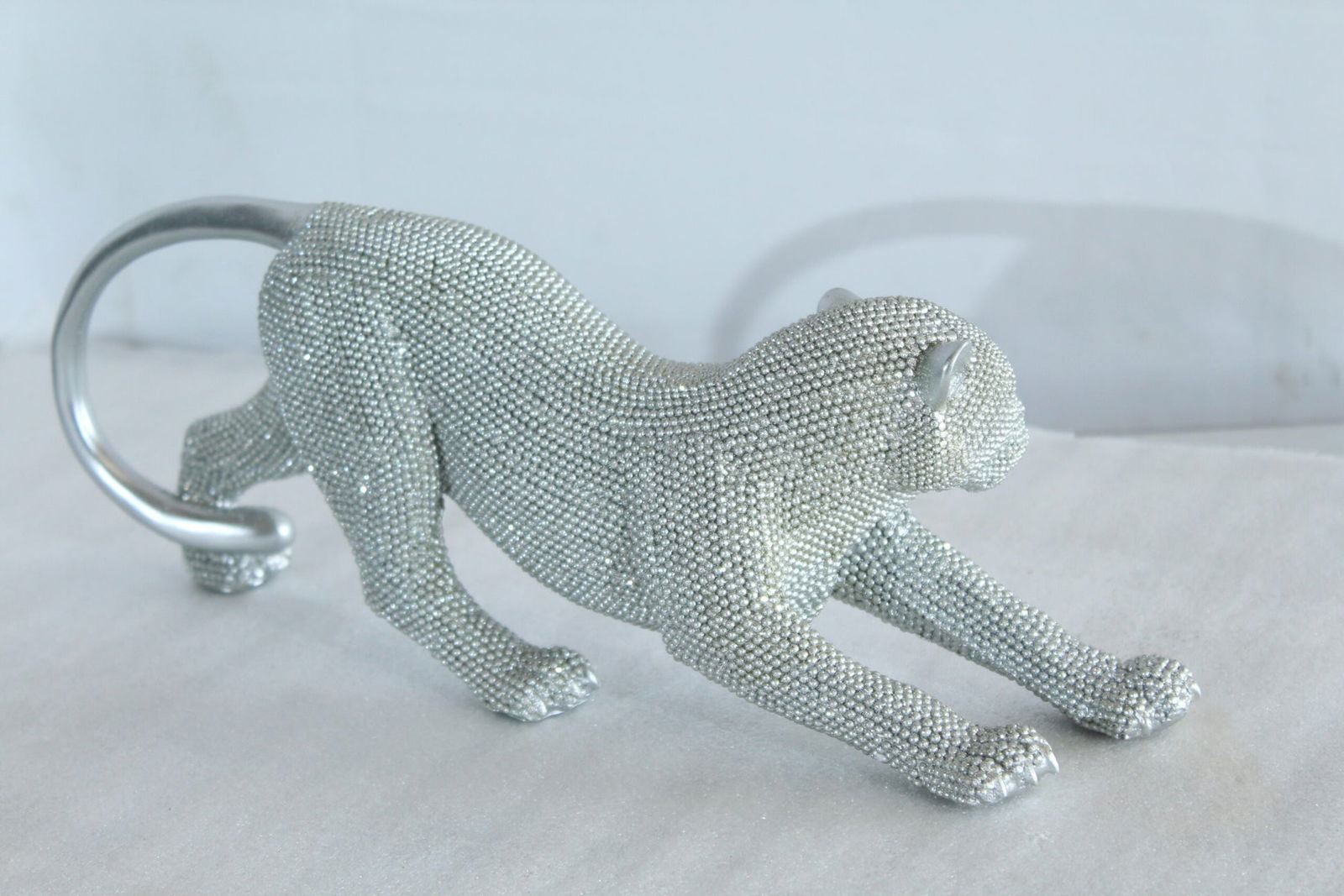 Silver Stretching Panther Resin Statue with Beaded Texture - Modern Animal Decor - 15" x 4" x 6"H - 4