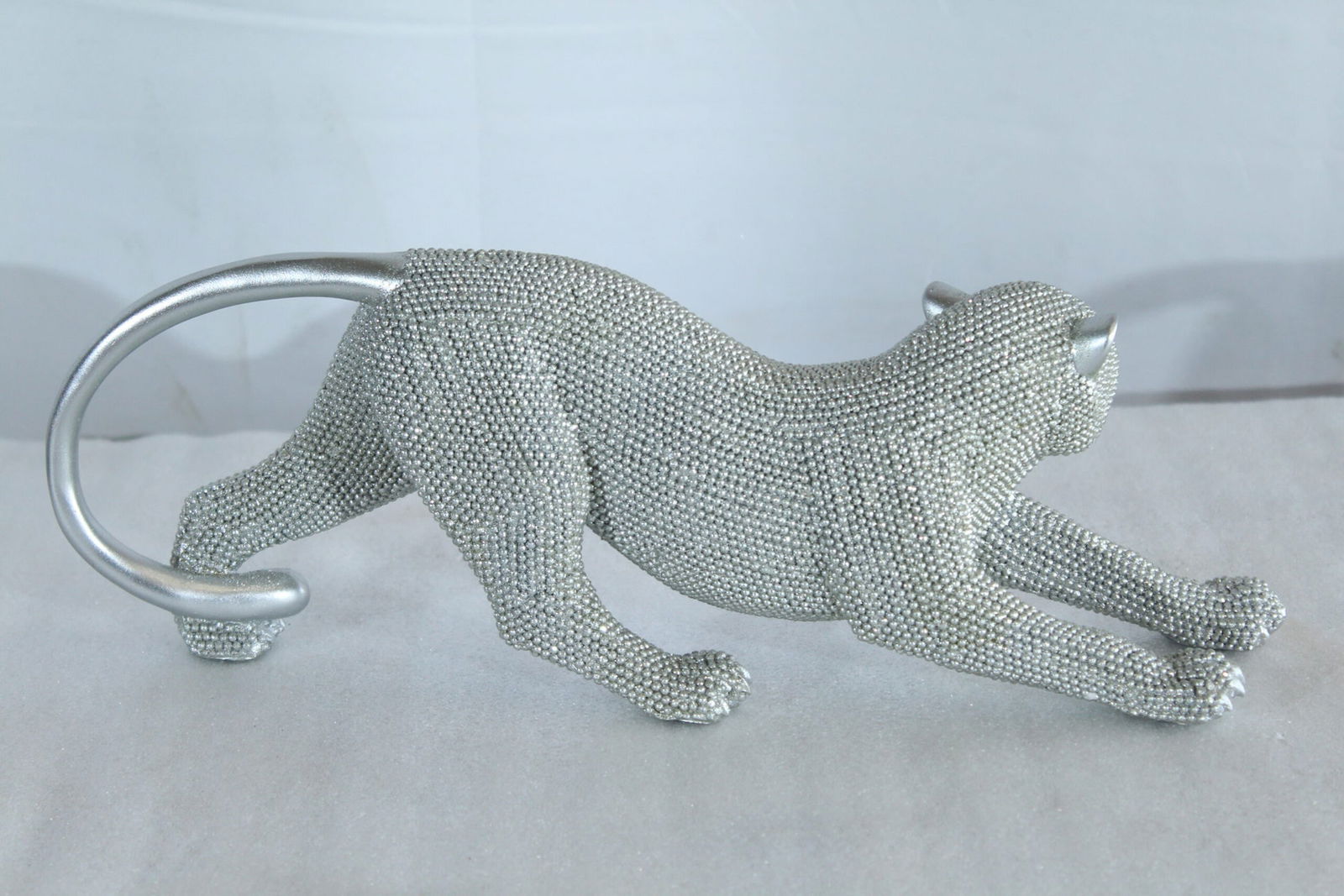 Silver Stretching Panther Resin Statue with Beaded Texture - Modern Animal Decor - 15" x 4" x 6"H - 5