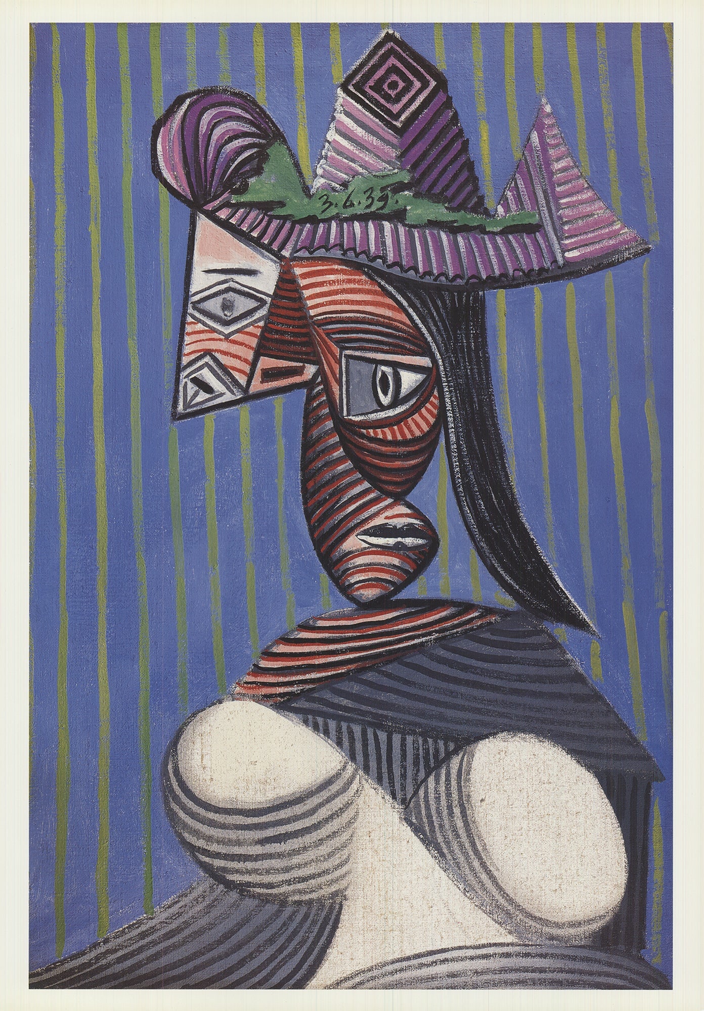 Pablo Picasso - Bust of a Woman Wearing a Striped Hat - 1993 Offset Lithograph 17" x 12": Title: Pablo Picasso - Bust of a Woman Wearing a Striped Hat - 1993 Offset Lithograph 17" x 12" Artist: Pablo Picasso Description: "Bust of a Woman Wearing a Striped Hat" by Pablo Picasso, 1993