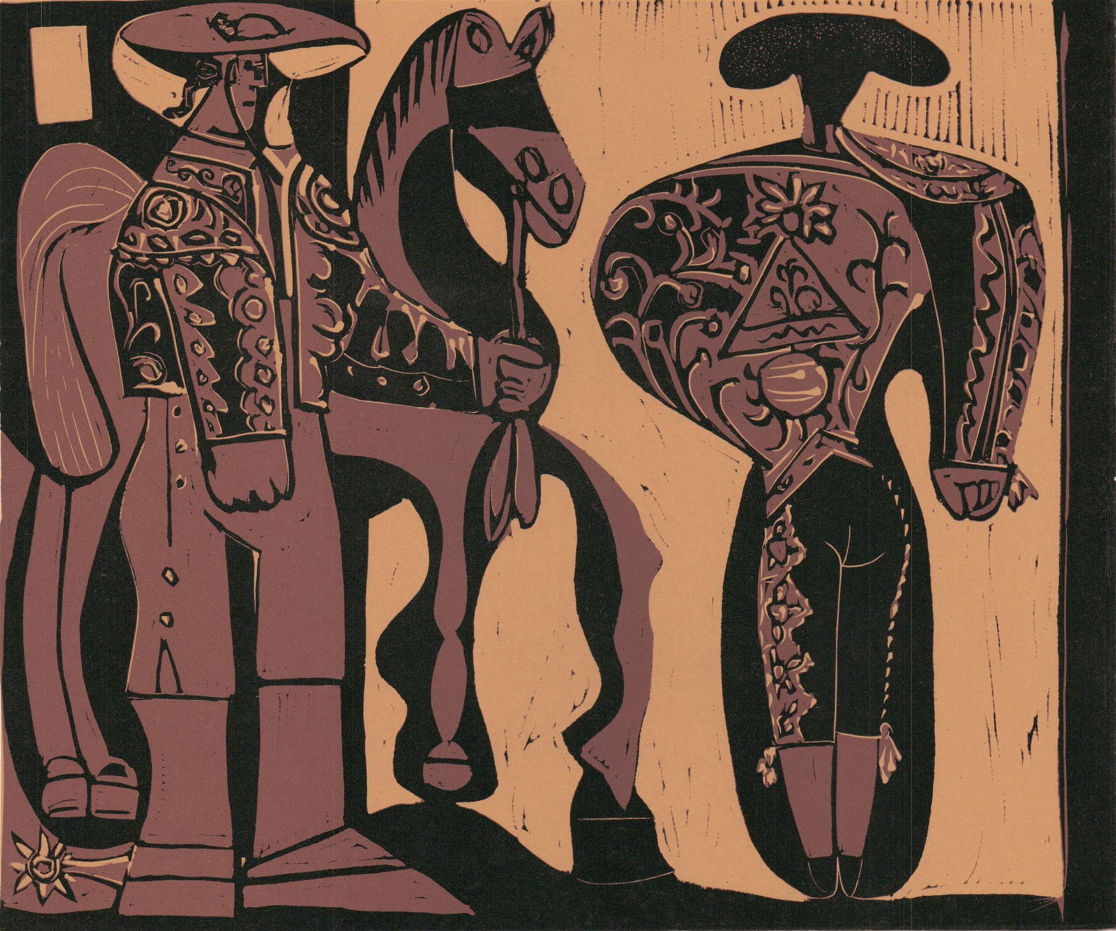 Pablo Picasso - Picador et Torero - 1971 Linocut 7.75" x 9.5": Title: Pablo Picasso - Picador et Torero - 1971 Linocut 7.75" x 9.5" Artist: Pablo Picasso Description: "Picador et Torero" by Pablo Picasso, 1971 Unsigned Linocut. Paper size is 7.75 x 9.5 inches,