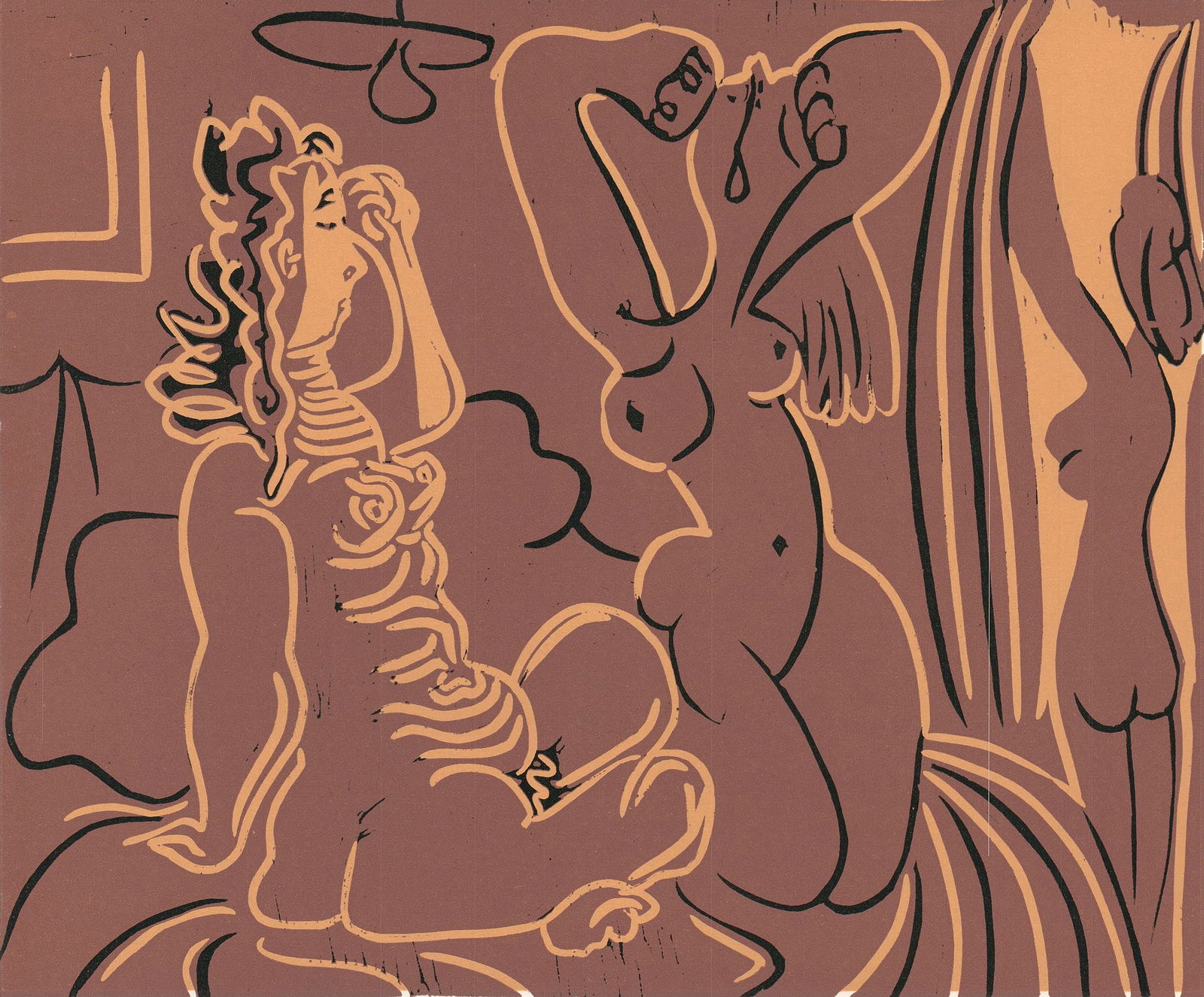 Pablo Picasso - Trois Femmes - 1971 Linocut 9.5" x 7.75": Title: Pablo Picasso - Trois Femmes - 1971 Linocut 9.5" x 7.75" Artist: Pablo Picasso Description: "Trois Femmes" by Pablo Picasso, 1971 Unsigned Linocut. Paper size is 9.5 x 7.75 inches, with an