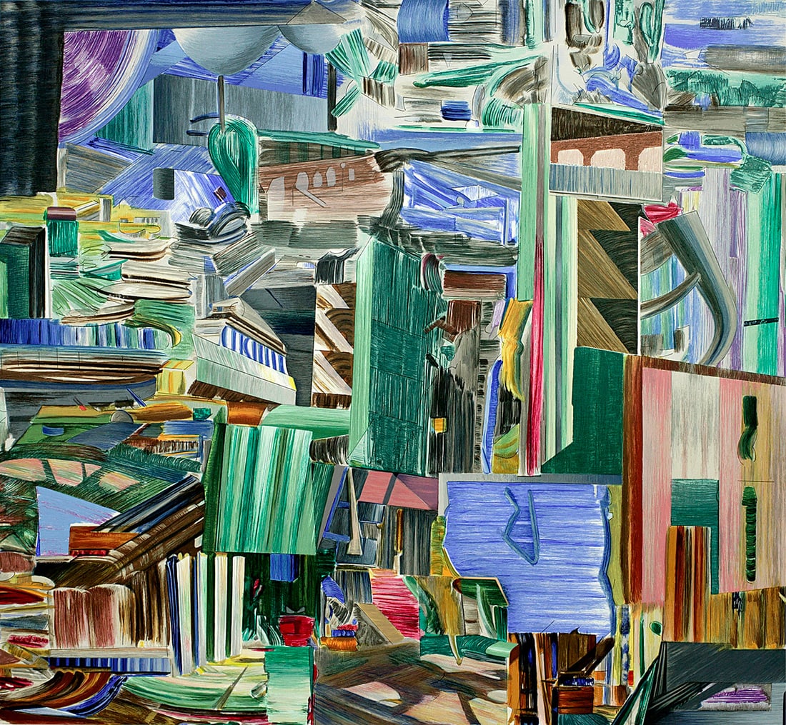 Larry Dinkin - Urban Tilt - 2004 Serigraph - SIGNED 42" x 44": Title: Larry Dinkin - Urban Tilt - 2004 Serigraph - SIGNED 42" x 44" Artist: Larry Dinkin Description: "Urban Tilt" by Larry Dinkin, 2004 Signed Serigraph. Paper size is 42 x 44 inches, with an image