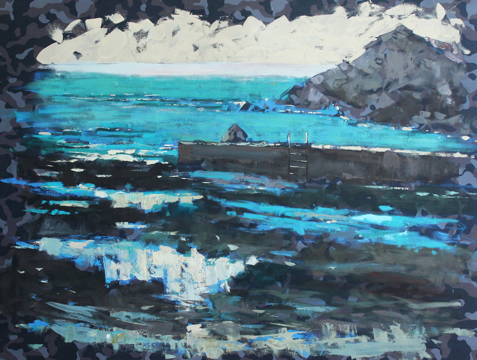 Oil painting Sanatorium by the sea Ed Potapenkov: Title: Oil painting Sanatorium by the sea Ed Potapenkov Description: 87POTAP Painter: Ed Potapenkov Size: 105x80 cm/41.33x31.49 inches Components: oil, mixed media, camouflage Original painting