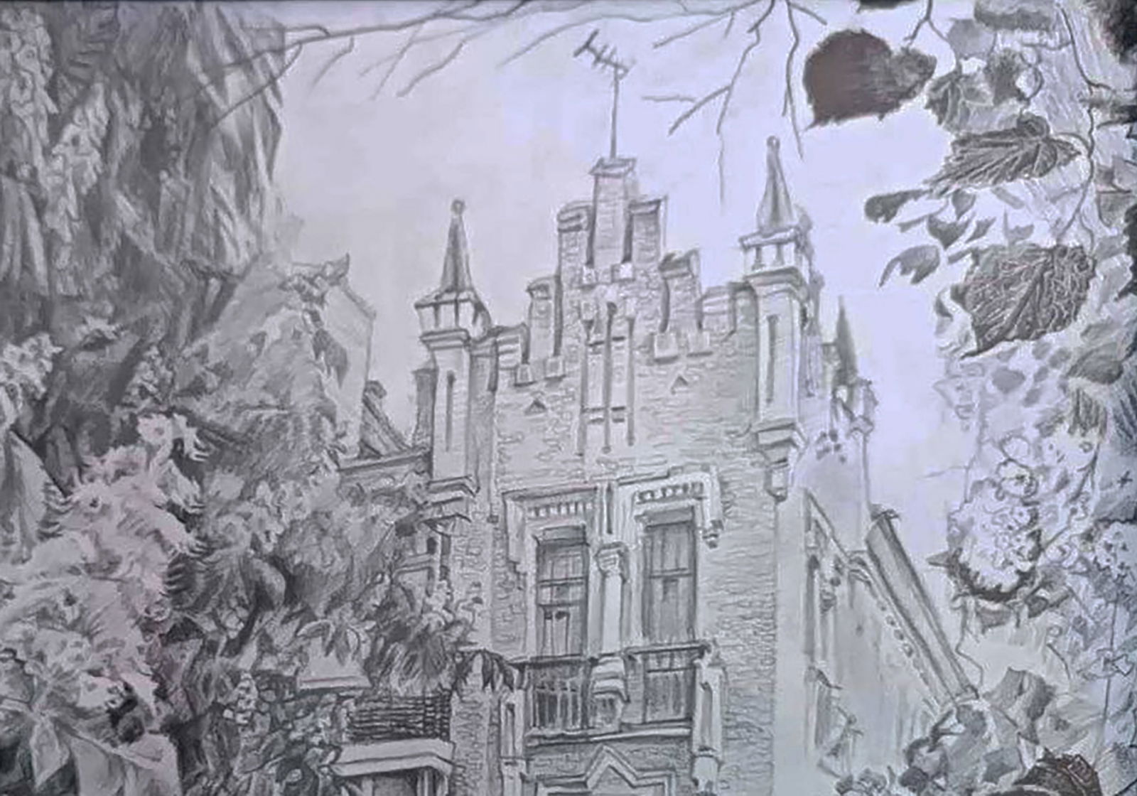 Pencil painting Spring in front of the mansion Elena Yurko - 4