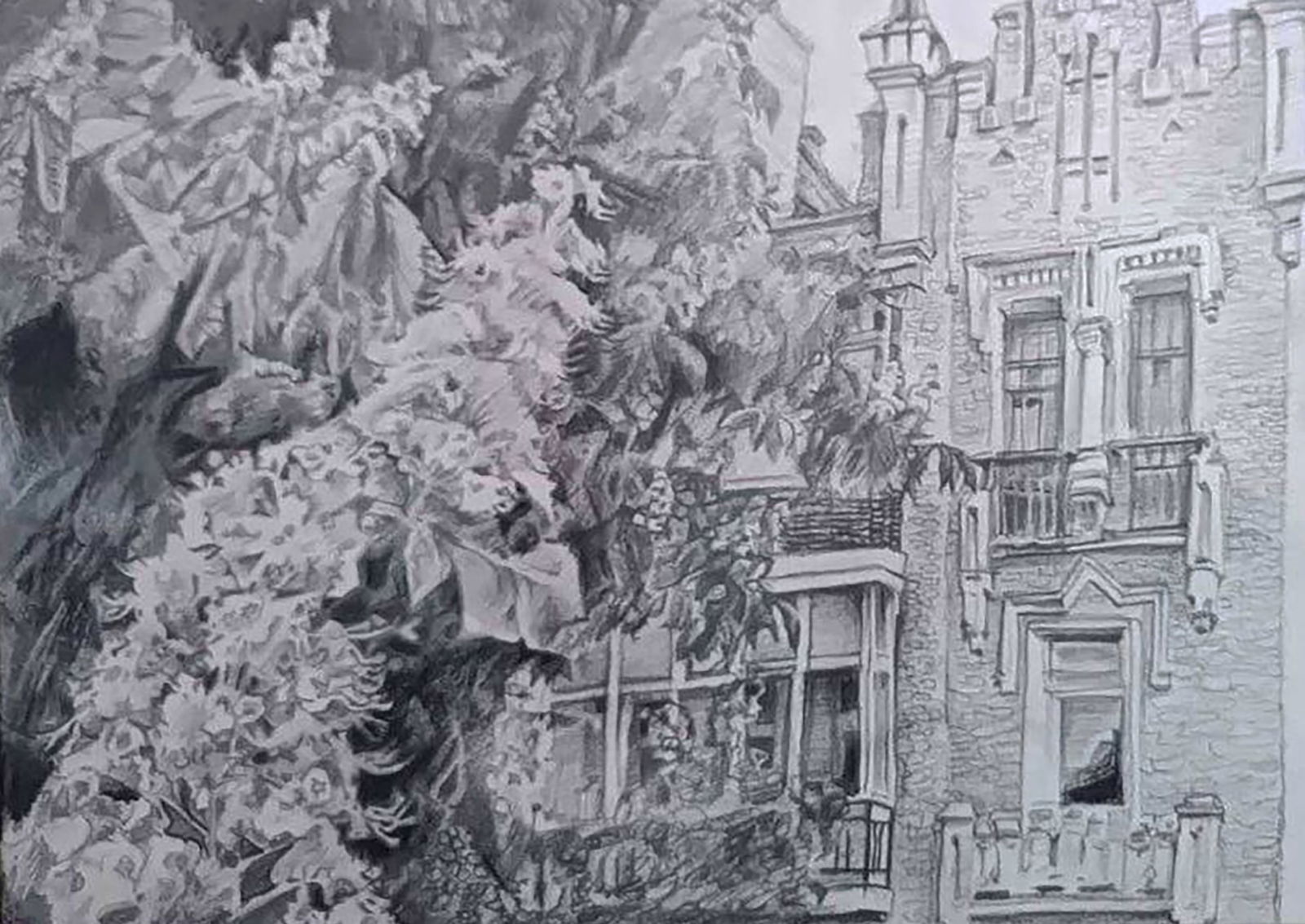 Pencil painting Spring in front of the mansion Elena Yurko - 5