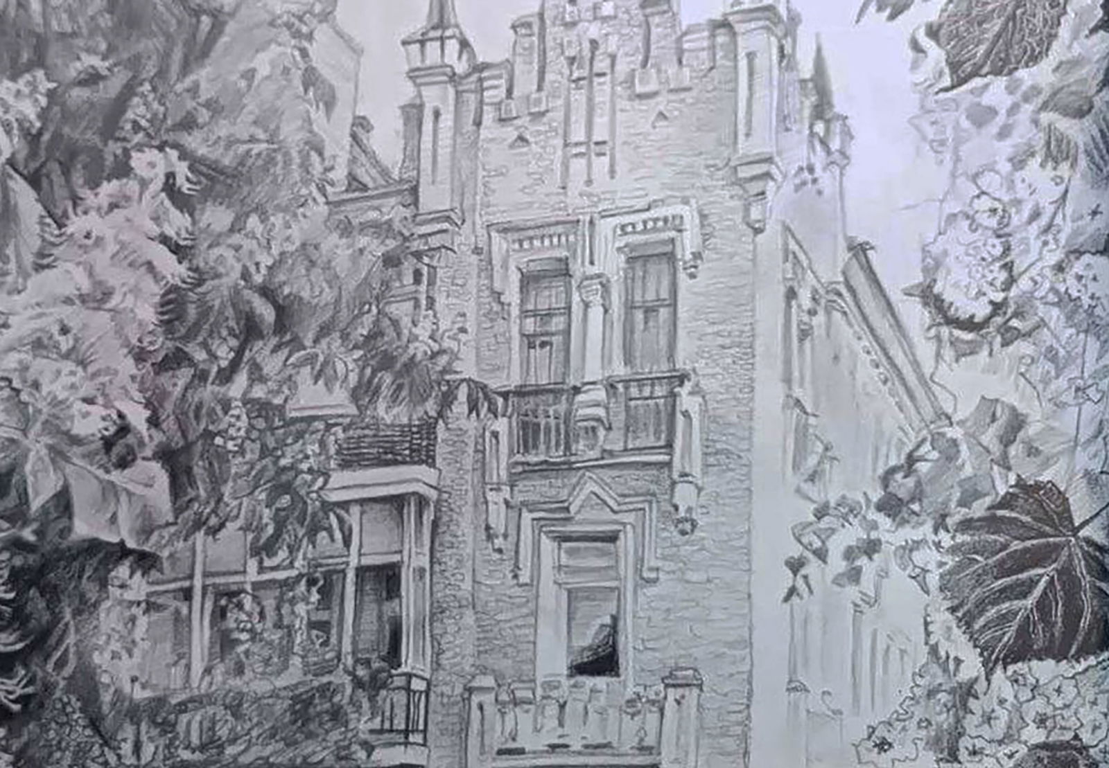 Pencil painting Spring in front of the mansion Elena Yurko - 6