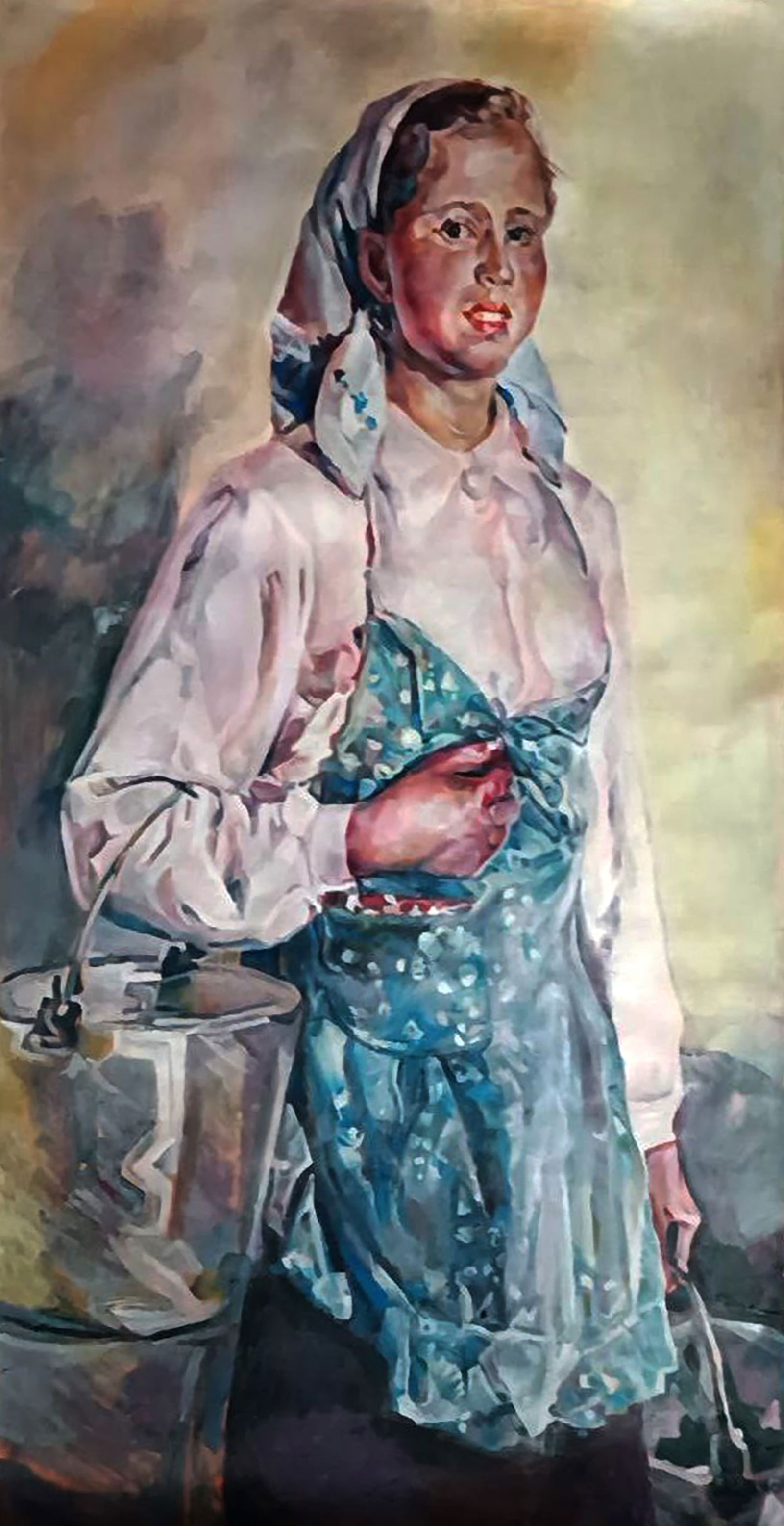 Oil painting A village girl with a bucket Elena Yurko: Title: Oil painting A village girl with a bucket Elena Yurko Description: 18YURK Painter: Elena Yurko Size: 140?80 cm/55.11x31.49 inches Components: oil, canvas Original painting CONDITION: excellent