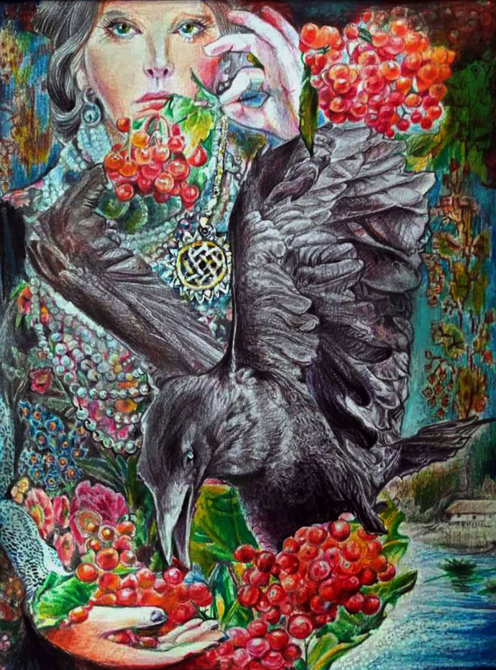 Color pencil painting Ripe viburnum and raven Elena Yurko (1 of 6)