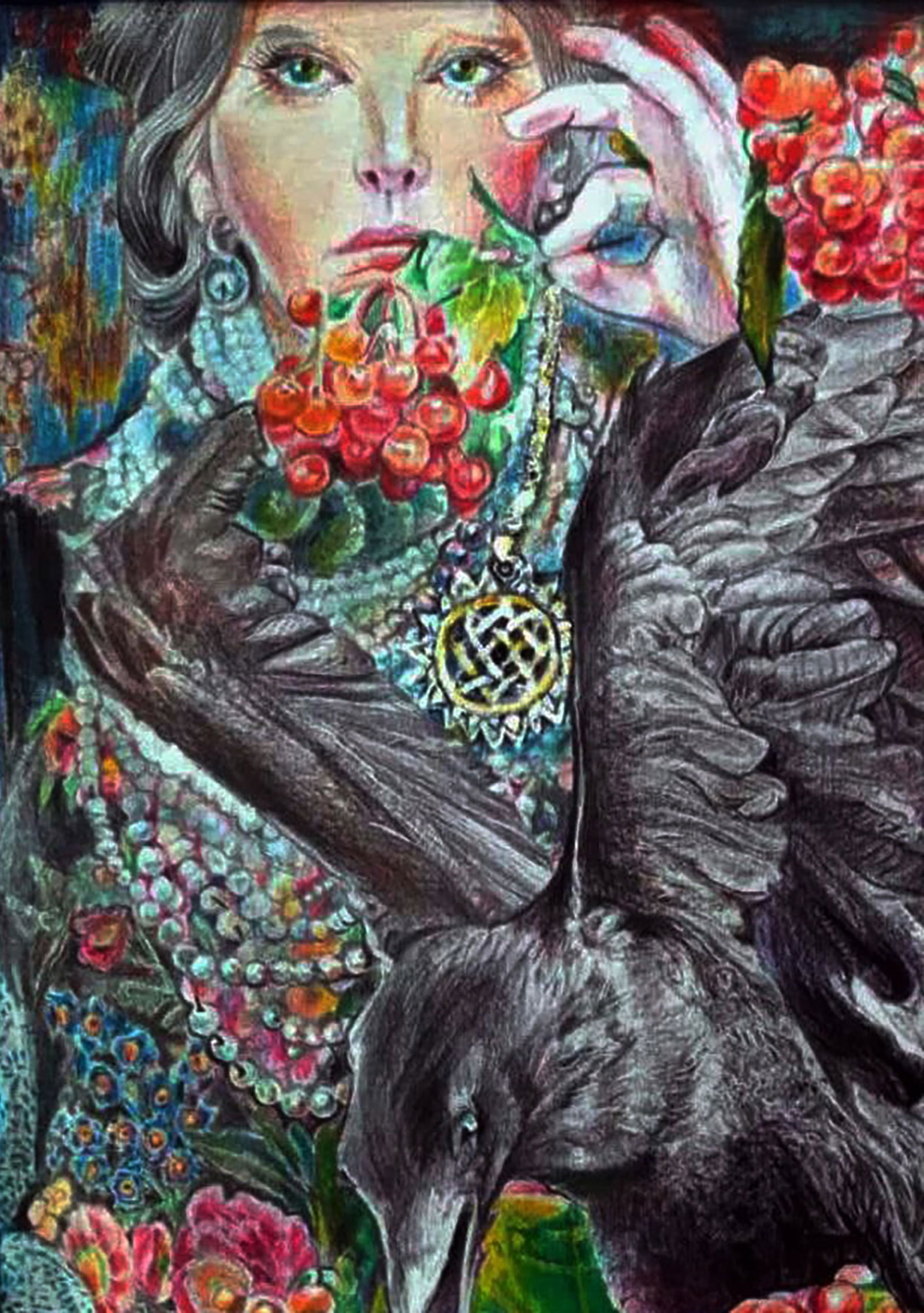 Color pencil painting Ripe viburnum and raven Elena Yurko - 2