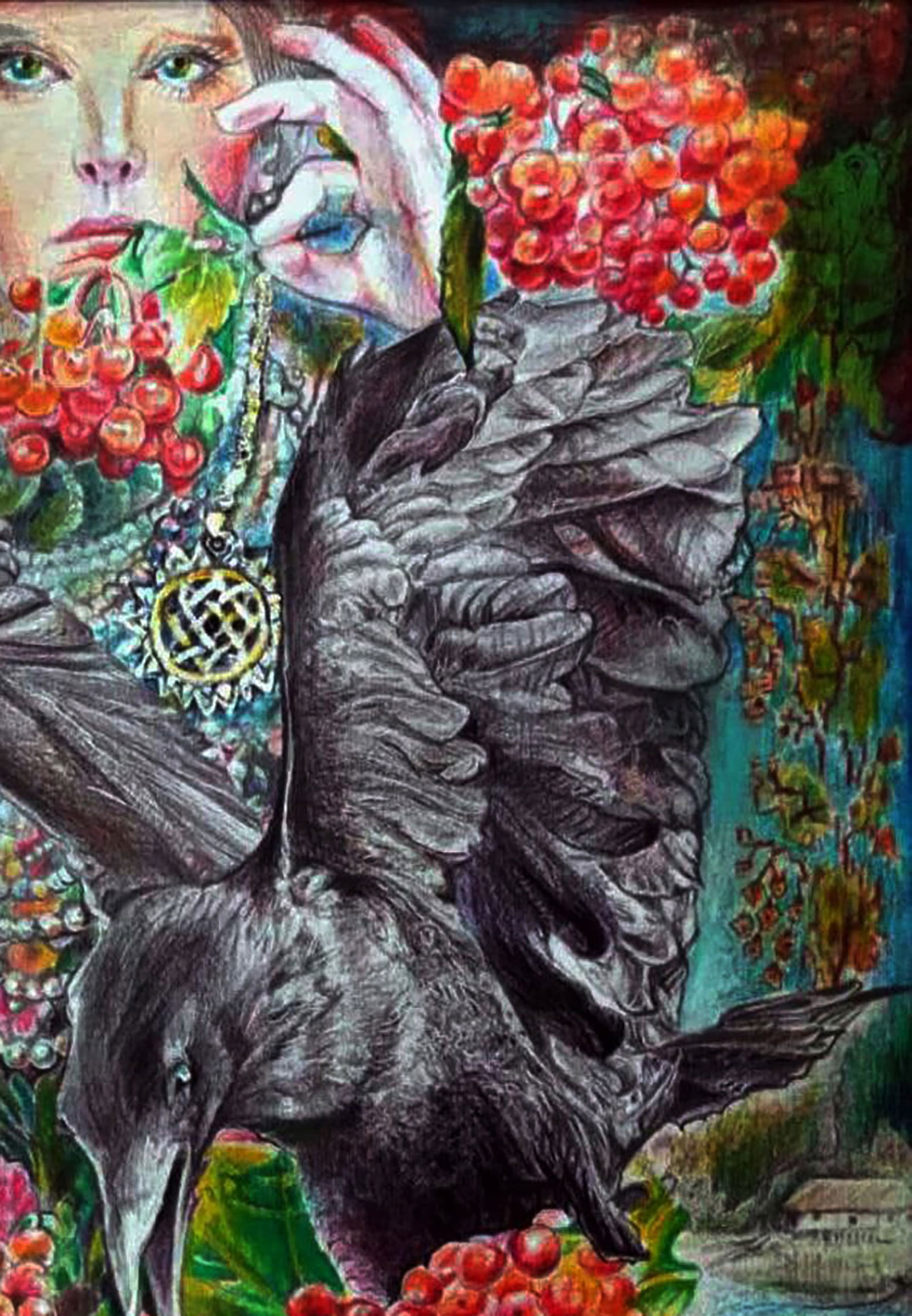 Color pencil painting Ripe viburnum and raven Elena Yurko - 3