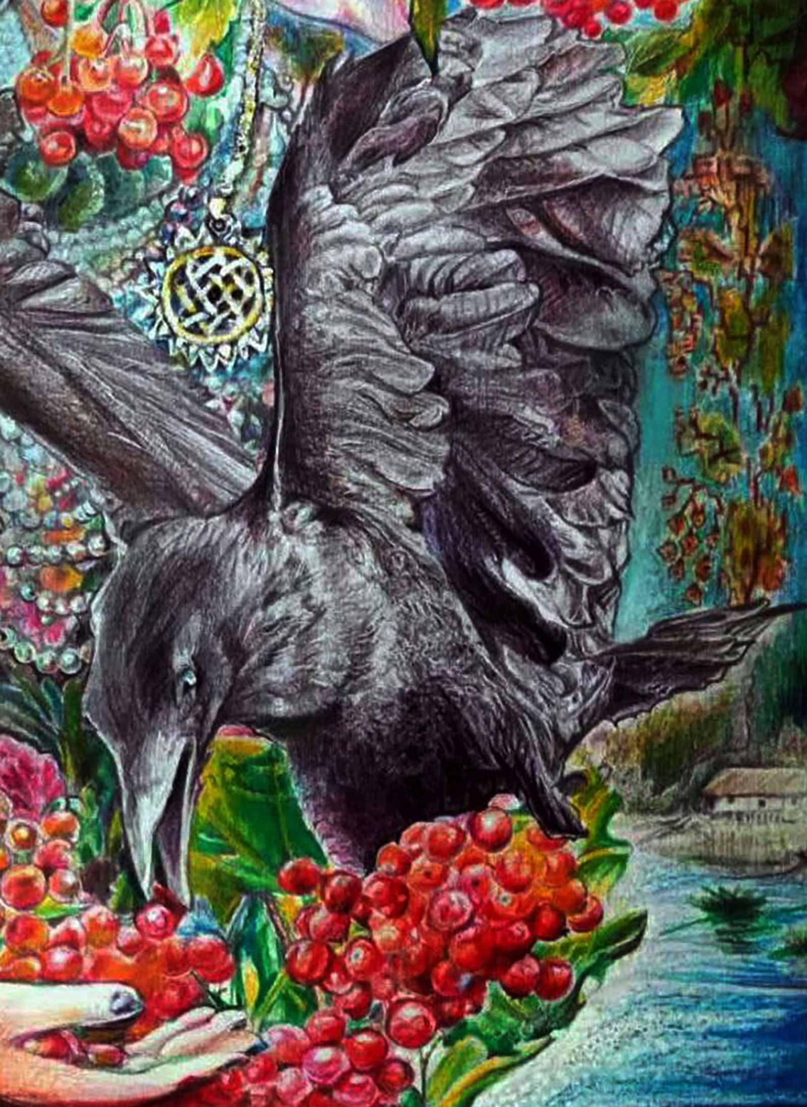 Color pencil painting Ripe viburnum and raven Elena Yurko - 5