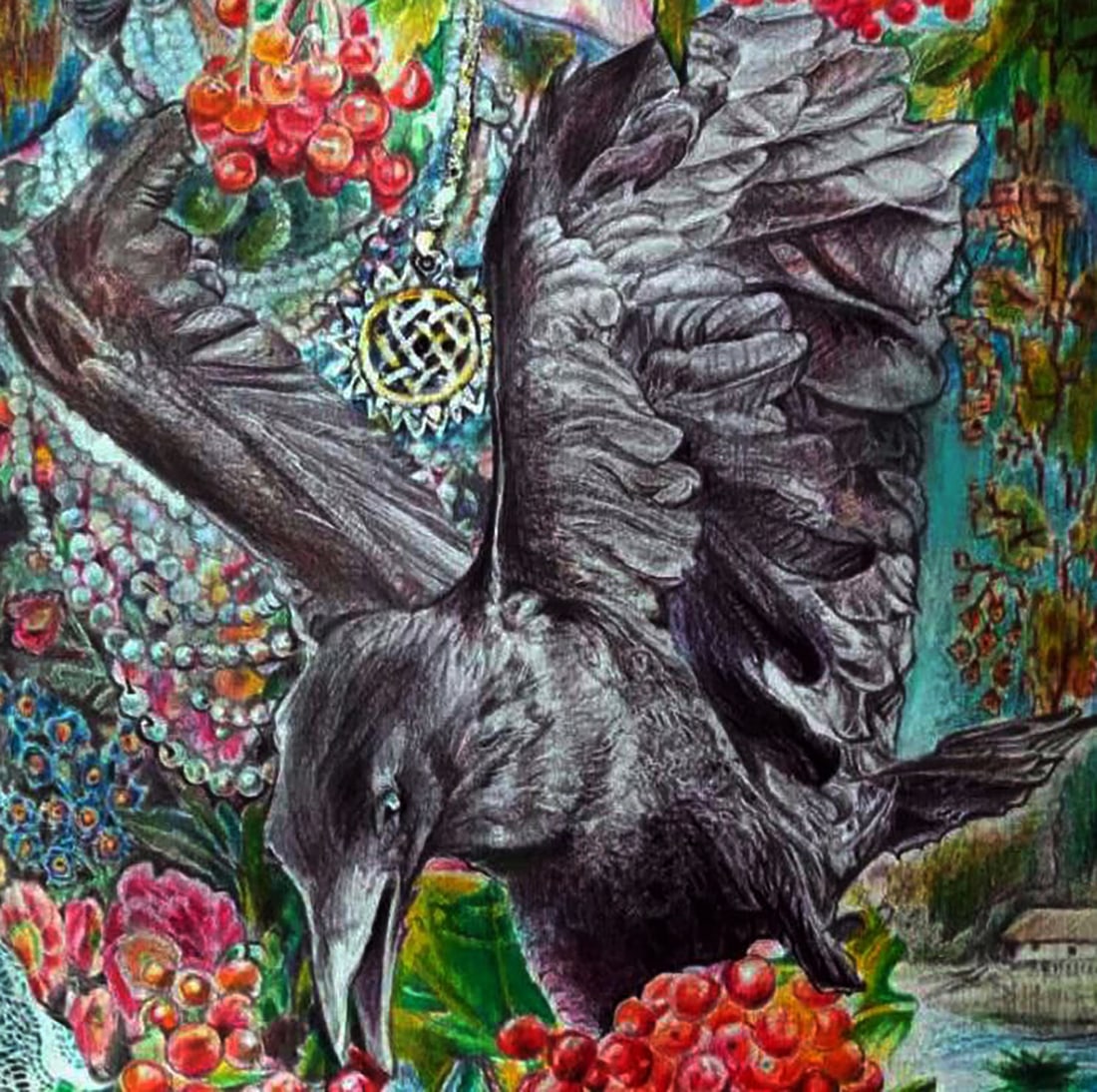 Color pencil painting Ripe viburnum and raven Elena Yurko - 6