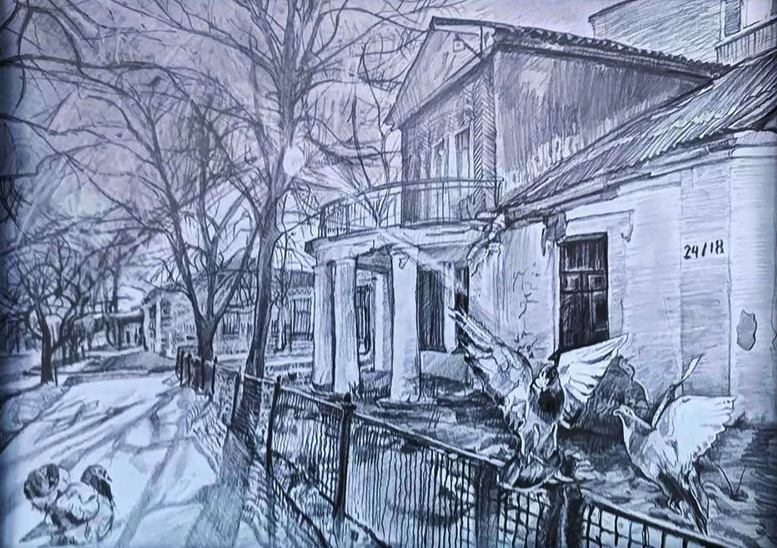 Pencil painting Old house in the city Elena Yurko - 2