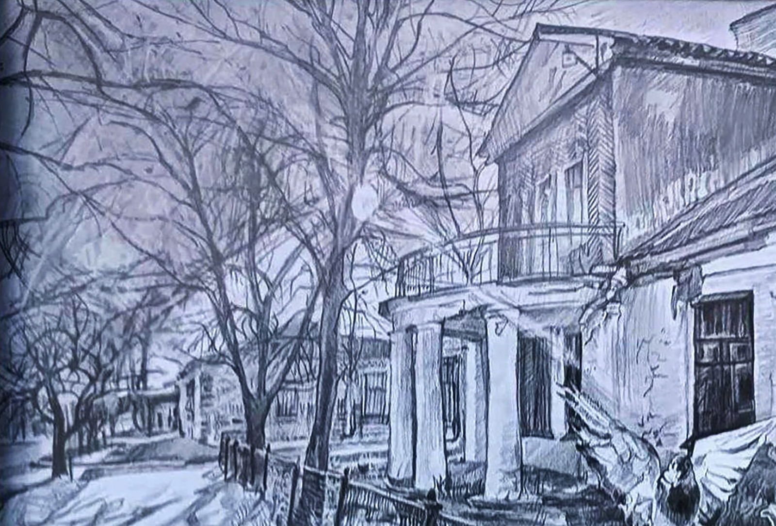 Pencil painting Old house in the city Elena Yurko - 3