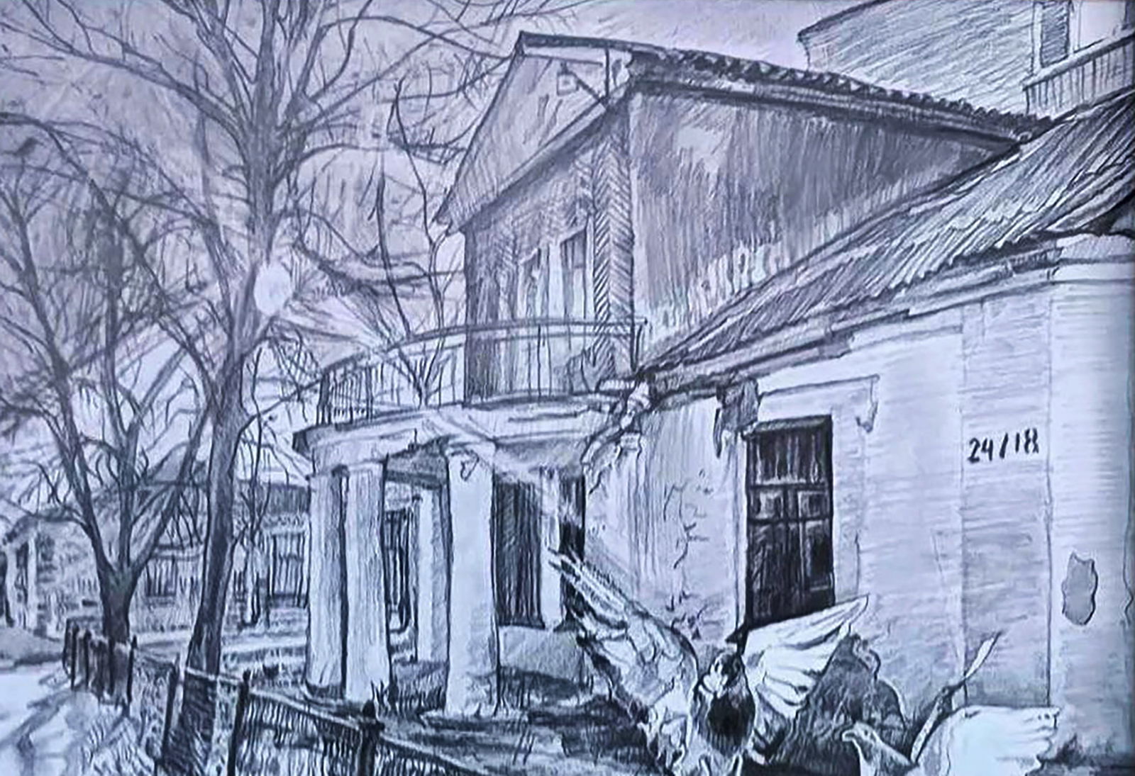 Pencil painting Old house in the city Elena Yurko - 4