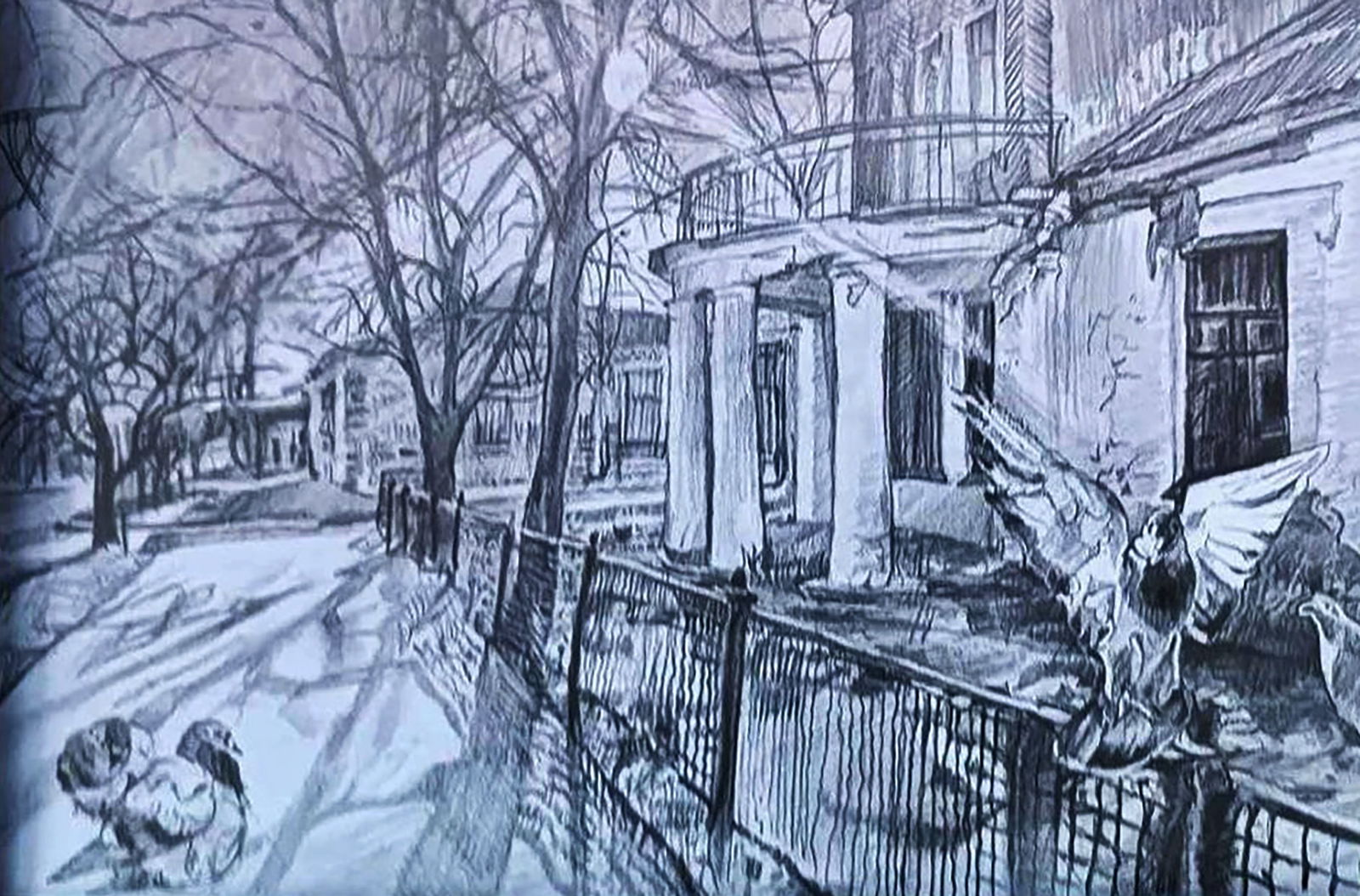 Pencil painting Old house in the city Elena Yurko - 5