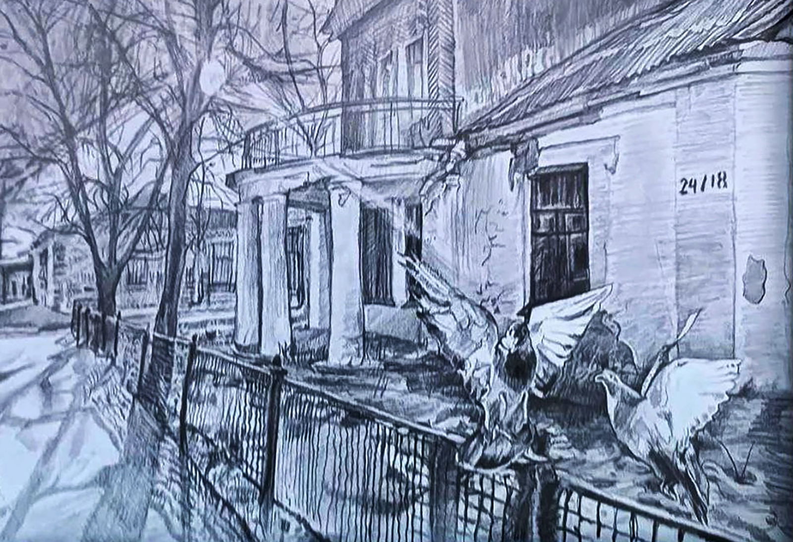 Pencil painting Old house in the city Elena Yurko - 6