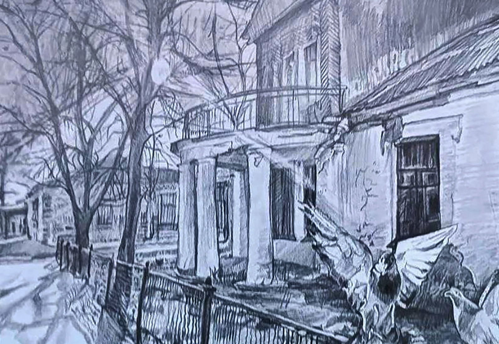 Pencil painting Old house in the city Elena Yurko - 7