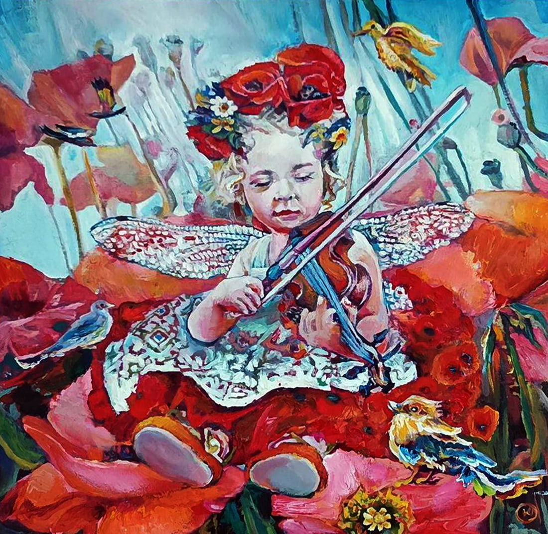 Oil painting A dragonfly child plays the violin Elena Yurko: Title: Oil painting A dragonfly child plays the violin Elena Yurko Description: 23YURK Painter: Elena Yurko Size: 40?40 cm/15.74x15.74 inches Components: oil, canvas Original painting CONDITION: