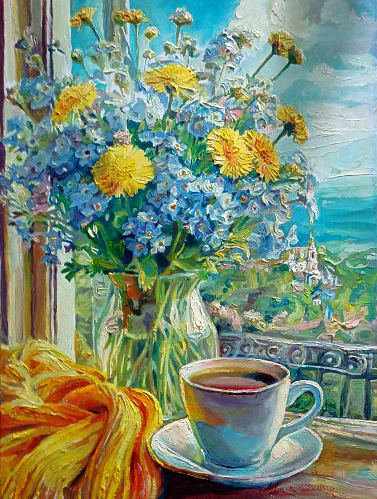 Oil painting Morning bouquet in front of the window Elena Yurko: Title: Oil painting Morning bouquet in front of the window Elena Yurko Description: 24YURK Painter: Elena Yurko Size: 40?50 cm/15.74x19.68 inches Components: oil, canvas Original painting CONDITION:
