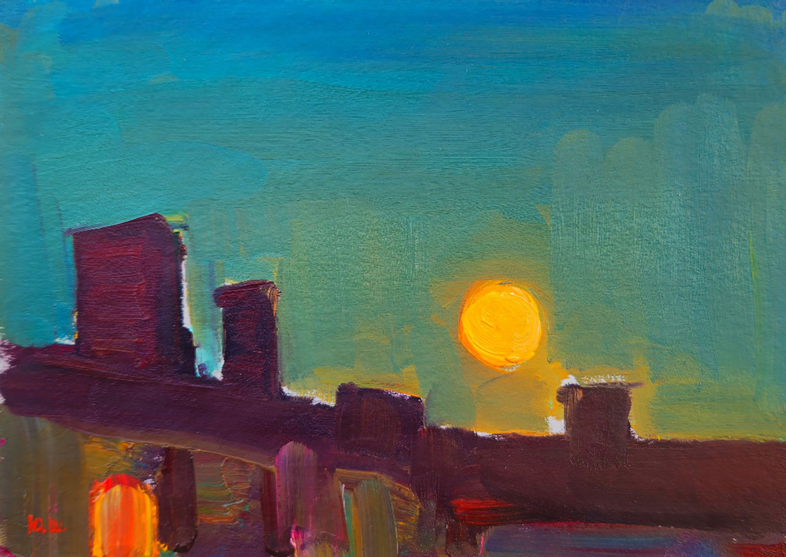 Oil painting Moon over the old town Yuri Shkrob: Title: Oil painting Moon over the old town Yuri Shkrob Description: 20SHKR Painter: Yuri Shkrob Size: 13?18 cm/5.11x7.08 inches Components: oil, cardboard Original painting CONDITION: excellent ARTIST