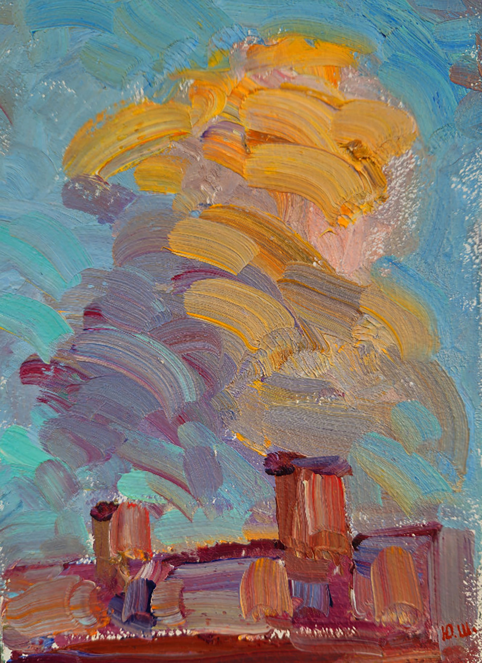 Oil painting Cloud over the house Yuri Shkrob: Title: Oil painting Cloud over the house Yuri Shkrob Description: 21SHKR Painter: Yuri Shkrob Size: 18?13 cm/7.08x5.11 inches Components: oil, cardboard Original painting CONDITION: excellent ARTIST: