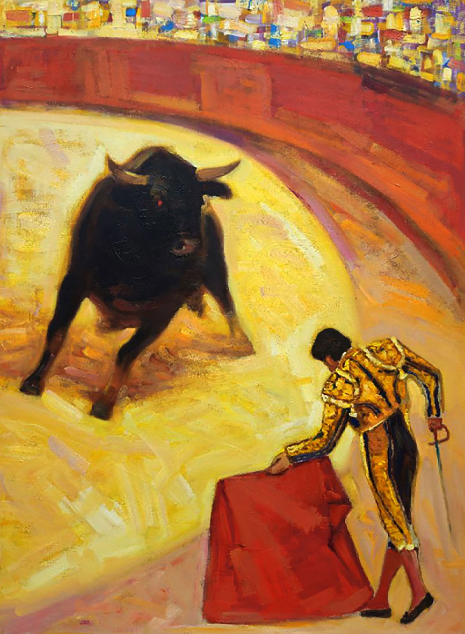 Oil painting Matador fight in the arena Yuri Shkrob: Title: Oil painting Matador fight in the arena Yuri Shkrob Description: 41SHKR Painter: Yuri Shkrob Size: 108?80 cm/42.51x31.49 inches Components: oil, canvas Original painting CONDITION: excellent AR