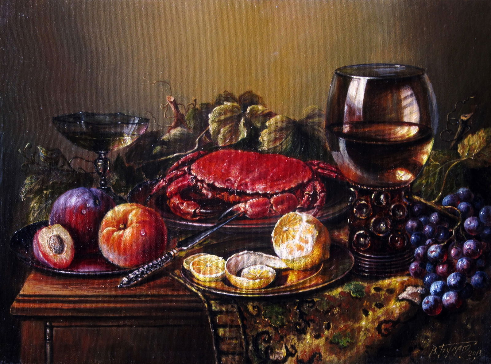 Oil painting Still life with a crab Valeriy Bulat: Title: Oil painting Still life with a crab Valeriy Bulat Description: 32BUL Painter: Valeriy Bulat Size: 30x40 cm/11.81x15.74 inches Components: oil, canvas Original painting CONDITION: excellent ARTI