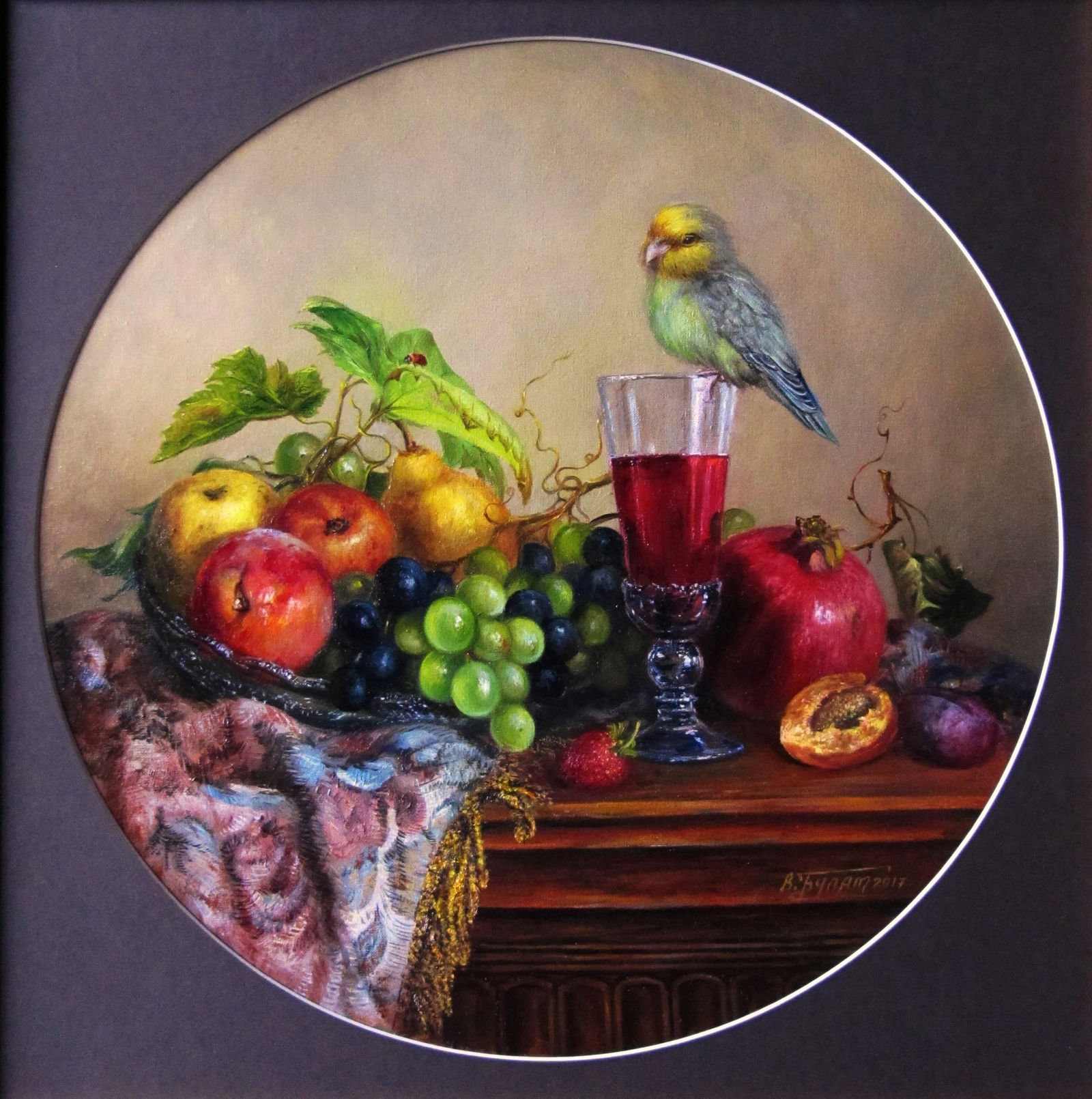 Oil painting Yummy treats Valeriy Bulat: Title: Oil painting Yummy treats Valeriy Bulat Description: 34BUL Painter: Valeriy Bulat Diameter: 38 cm/14.96 inches Components: oil, canvas Original painting CONDITION: excellent ARTIST: Bulat